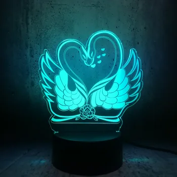 Nový Romantický Rose Dvojité Swan 3D USB LED Lampa Milovník Kiss Štýl Sladké Srdce 7 Farieb zmena Gradientu Náladu Nočné Svetlo Dekor
