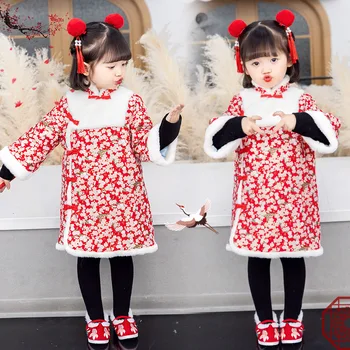 Zimné Dievčatá Čínsky Národný Štýl Teplé Nový Rok, Vianoce Cheongsam Výšivky Dievča Zahustiť Parkas Tradičné Dynastie Oblečenie