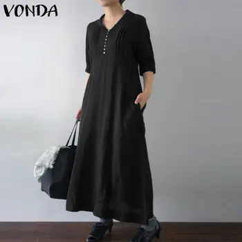 VONDA Vintage Ženy Dlho Maxi Šaty Jeseň Bavlnená posteľná Bielizeň Šaty Bežné Vestidos Voľné Tuhé Tlačidlo Šaty Plus Veľkosť Šaty 7