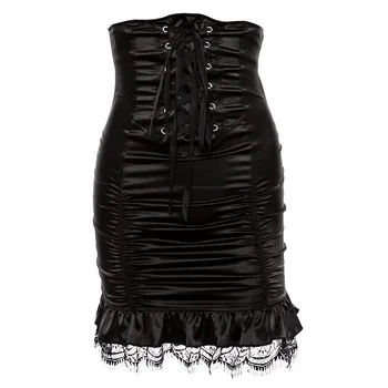 JIEZuoFang Vysoký pás čipky obväz úzke sukne volánikmi čipky ruched ženy ceruzku sukne solid black elegantný mini sukne