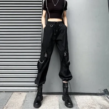Kórejské Oblečenie Neforemné Nohavice Ženy Streetwear Gotická Čierna Cargo Nohavice Ženy Plus Veľkosť Pásky Reťazca Femme Pantalon Ropa De Mujer