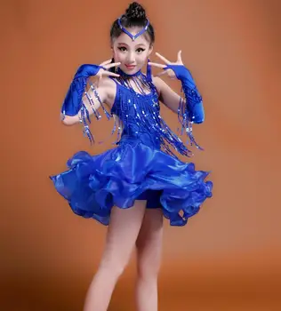 2019 Dievčatá Modrá Červená Profesionálne latinskej tanca šaty Deti Sála Salsa Tanečné nosiť Oblečenie, detské Party Stage nosiť kostýmy