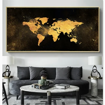 NEZIŠTNE Umenie Abstraktné Umenie Zlaté Máp Na Steny v Obývacej Izbe Umelecké Plátno, Vytlačí Plagáty Plátno Moderné Čierne Dekoratívne Obrázky