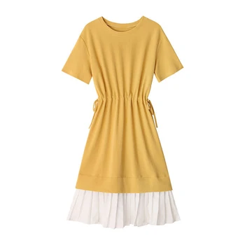 Farebný Blok T Shirt Dress Ženy Šnúrkou Voľné Midi Šaty Letné Oblečenie Pre Voľný Čas