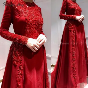 Skromný Dlhé Rukávy Červená Dubaj Večerné Šaty 2020 Elegantné Dlhé Plus Veľkosť Arabčina Formálne Prom Šaty Ženy Zvláštne Príležitosti Šaty
