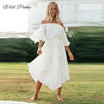 WildPinky Boho Letné Biele Šaty Žien Dlhý Elegantný Mimo Ramenné Šaty, Závoje Rukáv Dot Dámy Šaty Holiday Beach Vestidos