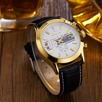 OUYAWEI Biele Zlato Hodinky Mužov Automatickom Vietor Mechanické Hodinky Kožené Značiek Luxusných Muž Hodinky Montre Homme Náramkové hodinky
