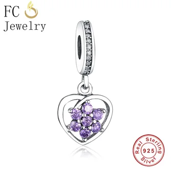 Fit Pôvodné Kúzlo Náramok Reálne 925 Sterling Silver Srdce Perličiek Fialový Kvet CZ Kúzlo Európskej Pre Ženy DIY Jemný Šperk