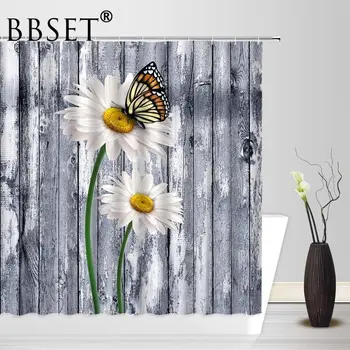 Daisy Kvet, Motýľ na Rustikálne Drevené Vzor Statku Sprchový Záves Vodotesný, Multi-veľkosť Cortina De Bano Kúpeľňa Decor