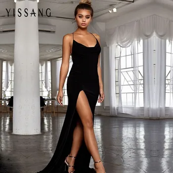 Yissang Sexy Letné Šaty Ženy Vysoká Rozdeliť Na Jeseň Maix Dlhé Šaty Žena Elegantné Špagety Popruh Backless Party Šaty Vestidos