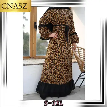 Moslimské Leopard Tlač Dlho Maxi Šaty Žien Swing Abaya Kaftan Jilbab Šaty Islamskej Arabskom Dubaji Šaty S Pásom Šifón Šaty
