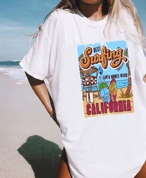 VIP-JBH Lete Bežné Nadrozmerné Tee Najlepšie Surfovanie Santa Monica v Kalifornii Dámske Retro Štýl T-Shirt Dovolenku na Pláži Tričko