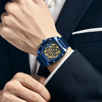 Modrá Automatické Hodinky Mužov Top Značky Luxusné Nerezovej Ocele, Inteligentný Mechanické Hodinky pre Mužov Vojenskej Kostra Hodiny reloj hombre