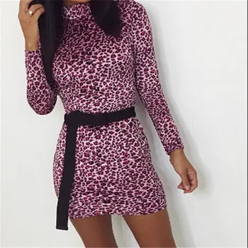 Dámske Jesenné Šaty 2019 Bežné Ženy Krátke Šaty Turtleneck Leopard Tlač Mini Šaty, Sexy Party Šaty Vestidos S-XL