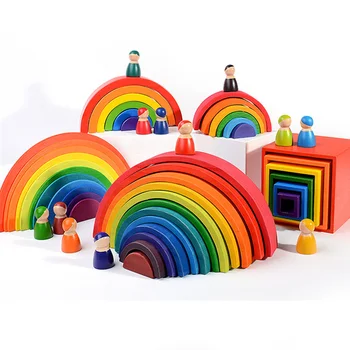 WOODADDY Rainbow Bloky Série 12Pcs Veľké Rainbow Top Montessori Vzdelávacích Drevené Hračky Pre Deti Pegdolls Tvar Auta Kryt Box
