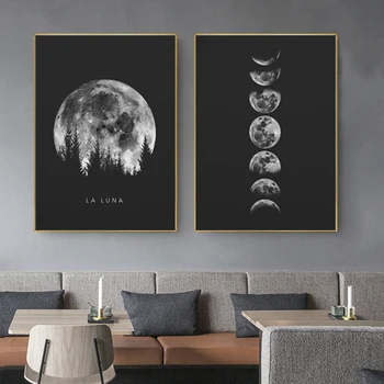 Minimalistický Full Moon obrázok Plagátu Čierna Biela Fáz Mesiaca Vypíše Solárneho Systému Plátno Obrázok Maľovanie pre Obývacej Miestnosti Dekorácie