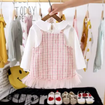 2020 Dievčatá Módne Oblečenie Set Biela, Mikiny+kockované Šaty Jar Jeseň Baby Girl 2 ks Princezná Vyhovuje Deti Oblečenie Sady