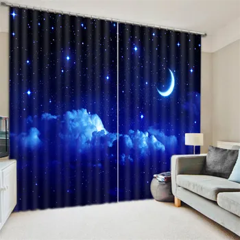 Moderné Luxusné Blue Moon Star Noc 3D Zatmenie Okenné Záclony Pre Deti, posteľná bielizeň izba Obývacia izba Hotel Závesy Cortinas