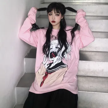 WHOHOLL Dlhý Rukáv T-košele dámske Jesenné Oblečenie 2020 Nové Harajuku Štýl Gothic Punk In Cartoon Dievča Ružový Tlač T-shirt