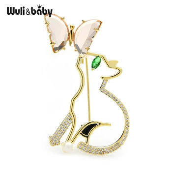 Wuli&baby Crystal Mačka Hrať S Butterfly Brošňa Pre Ženy Beauty Zvierat Strany Príčinné Brošňa Darov Kolíkmi