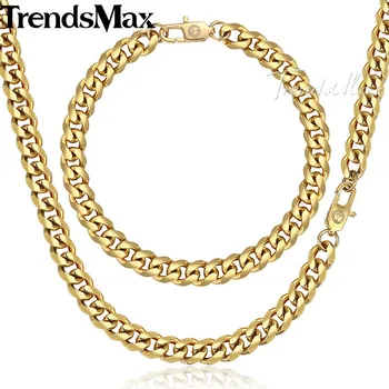 Trendsmax Leštené Šperky Set Náhrdelník pre Mužov Nehrdzavejúcej Ocele Mužov Náramkom Kubánskej Reťazí Gold Black Silver Farba KKSM01