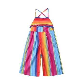 Móda Dieťa Dieťa Dievčatá Rainbow Prúžok bez Rukávov Bavlna Romper Jumpsuit Playsuit Trakmi Širokú Nohu, Nohavice, Oblečenie 1-6Y
