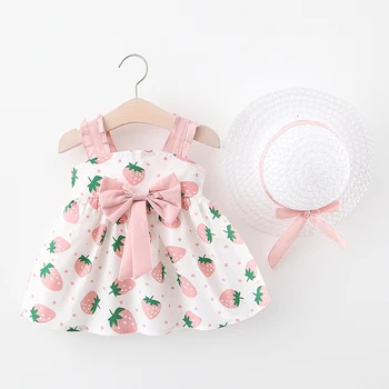 Baby Girl Dress Bavlna Tlač Strawberry Girl Šaty S Lukom Klobúk 2 Kus Dievča Oblečenie, Oblečenie Baby Plážové Šaty Sundress Oblečenie