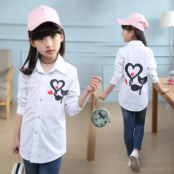 Najpredávanejšie Dievčatá Oblečenie 2020 Jednoduché Dievčatá na Jar&Jesenné Módne Dlhé rukávy Kreslených Mačka Biele Tričko Strednej dĺžky Dievčatá Topy