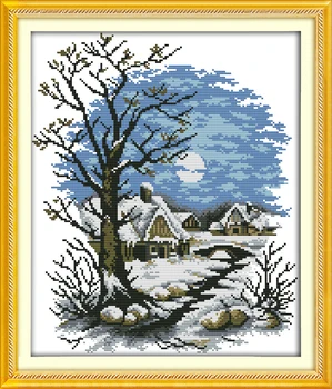 Zimná rozprávka dom cross stitch auta strom snehu 14ct 18ct počítať plátno šitie, vyšívanie HOBBY ručné vyšívanie plus