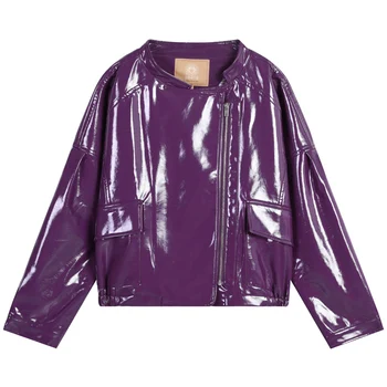 Módne fialové svetlý lesklý lakovanej kože windbreaker oblečenie žien Európskej nové bf vietor nadrozmerná patent kožené bundy F38