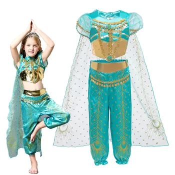 Aladdin Kostýmy Deti Arabská Princezná Šaty Pre Dievča Páva Tlač Strapec Volánikmi Indický Tanec výkon Oblečenie