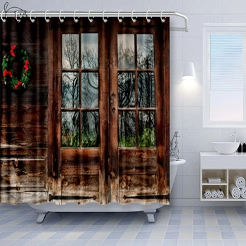 NYAA Rustikálny Sprchový Záves Zimnej Sezóny Scény Z Dreveného Okna Country House Snehu Vintage Dizajn Kúpeľňa Decor Set