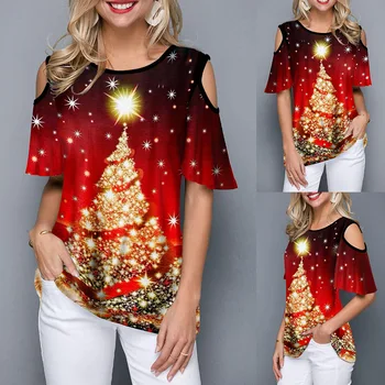 Vianočné Tričko Ženy Ležérne Módne Vianočné Stromčeky Pohodlné Voľné Tlačiť T-Shirt Žena Grafické T-shirts Oblečenie Žien