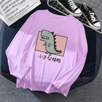 Žena T-shirt Ropa Mujer Ženy Harajuku Cartoon Dinosaura Tlač Dlhý Rukáv t-shirts O-krku Topy Kawaii Módne oblečenie pre Ženy