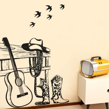 Karikatúra, Náčrt, kovbojské šaty Gitara Nálepky na Stenu, Dekorácie Pre Chlapcov Spálňa Domov Odtlačkový Vzor Vymeniteľné Pvc Okien Plagát
