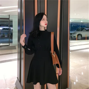 Ženy Šaty S Dlhým Rukávom Elastický Pás Tmavé Fashion Girl Black Bežné A-Line Šaty 2019