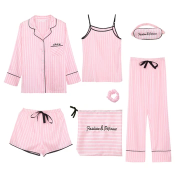 2020 Ružové dámske 7 Ks Pyžamo Sady, Emulácia Hodváb Pruhované Pyžamo Ženy Sleepwear Sady Jar Leto Jeseň oblečenie pre voľný čas