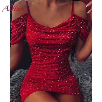 Aselnn 2020 Jar Ženy Sexy Červené Glitter Party Šaty Dámske Mimo Rameno Krátke Rukáv Bodycon Mini Šaty Clubwear Vestidos