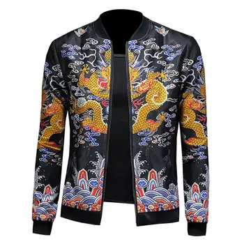 Čínsky Štýl Hip Hop Bombardér Bunda Mužov Oblečenie 2020 Jeseň Dragon Tlač Vintage Bunda, Kabát M-5XL Mens Bundy Streetwear