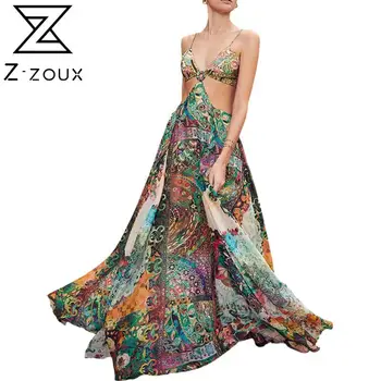 Z-Zoux Ženy Šaty Tlačené Špagety Popruh Šaty Hlboko V Krku Duté Z Veľkých Lem Maxi Šaty Plus Veľkosť Sexy Party Šaty 2020