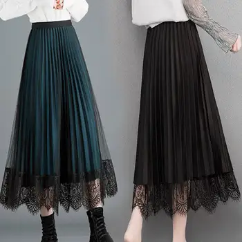 Ženy Vintage Dlho Čipky a Tylu Sukne 2019 Nové Jeseň Duté Z Čiernej Jari Skladaná Sukňa Plus Veľkosť Elastický Pás Midi sukne
