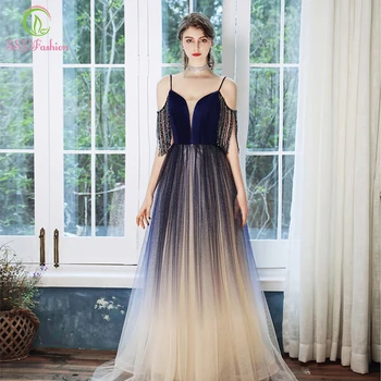 SSYFashion Sexy Gradient Námornícka Modrá Večerné Šaty tvaru Strapec Crystal Lištovanie Banquet Long Prom Formálne Šaty Vestido De Noche