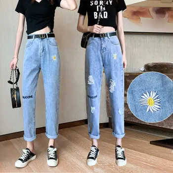 Džínsy pre Ženy, Vysoký Pás Džínsy Žena plus veľkosť Jeans ženy prať denim Členok-Dĺžka nohavice výšivky džínsy otvor džínsy ženy