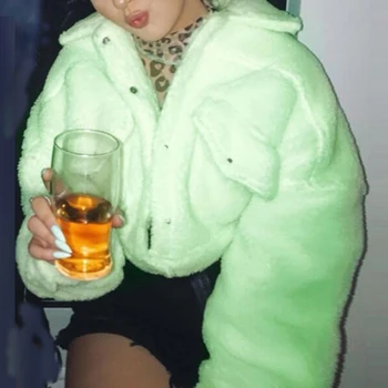 OMSJ Neon Zelená Ženy Jeseň v Zime Teplé Outwear Coats Dlhý Rukáv Bežné Vrecko Tlačidlo Krátke Útulný Faux ovčej vlny Fleece Bundy