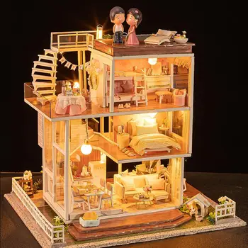Montáž DIY Dreveného Domu, Auta Hračka S Miniatura Nábytok Bábika Domy LED Domáce Dekorácie, Svadobné, Vianočné Darčeky