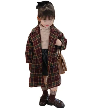 Kockovaný Vzor Singel svojim Bunda pre Dievča je Srsť Dlhá Bavlna Vatovaný Kabát Dieťa Topy Deti Vlnené Oblečenie Detské Zimné Oblečenie