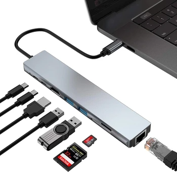 USB Typ-C Hub, 8-in-1 Multifunkčné Adaptér Na 4K HDMI, RJ45, USB 3.0 SD/TD Čítačka Kariet PD Rýchle Nabitie Pre MacBook Pro