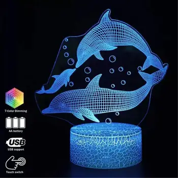 Nočné Svetlo Tvorivé 3D LED Dolphin Séria Farebné Nabíjanie A Suché Batérie Nočné Svetlo 7 Farieb Zmena Vzdialenej Lampy, Akryl