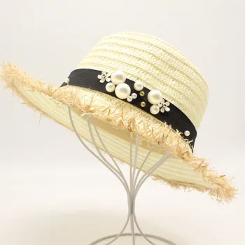2019 slamený klobúk Slamený Slnko Klobúk Pearl Flat Top Bežné Panama Dámy Klobúk Letné Beach Cestovné Ženy Klobúk pre Cirkvi Milosť Klobúk
