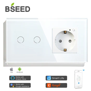 BSEED 2 Gang 1 Spôsob Normy EÚ, Wifi, Dotykový Spínač EÚ Zásuvky S 3 Farbami Krištáľové Sklo Panel Smart Switch Pracovať S Tuya App